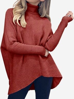Tutorutor Cozy Chunky Oversized Turtleneck Sweater Tunic, Rust Red Brown